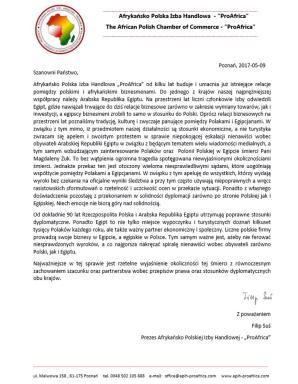 Apel - protest prezesa Afrykańsko-Polskiej Izby Handlowej ProAfrica w sprawie tematu tragicznej śmierci Magdaleny Żuk w Egipcie